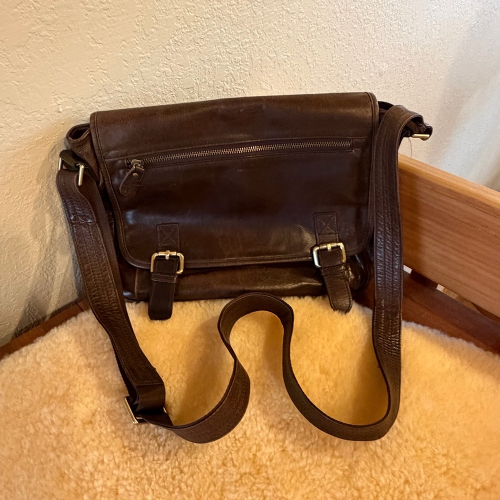 Dark Brown Leather Messenger Bag - Unbranded